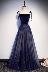 Blue Tulle Long A-Line Prom Dress Outfits For Girls, Blue Spaghetti Strap Evening Party Dress