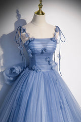 Blue Tulle Long A-Line Prom Dress Outfits For Girls, Blue Spaghetti Straps Party Dress Outfits For Women with Bow