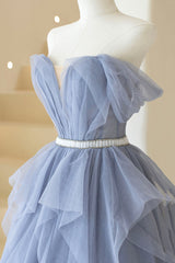 Blue Tulle Long A-Line Prom Dress Outfits For Girls, Cute Strapless Graduation Dress
