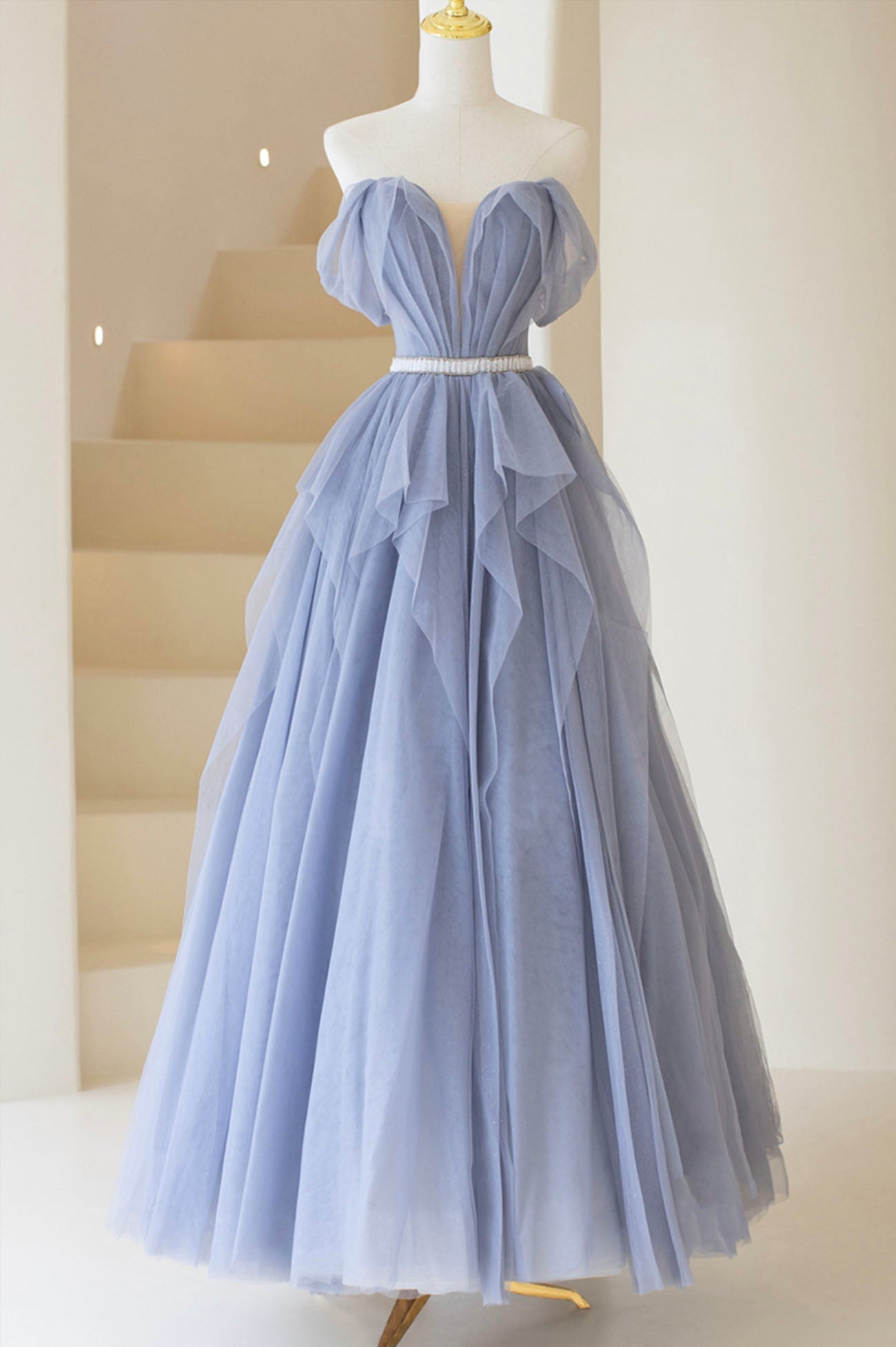 Blue Tulle Long A-Line Prom Dress Outfits For Girls, Cute Strapless Graduation Dress