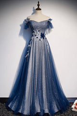 Blue Tulle Long A-Line Prom Dress Outfits For Girls, Off the Shoulder Evening Party Dress