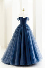 Blue Tulle Long A-Line Prom Dress Outfits For Girls, Off the Shoulder Formal Evening Dress