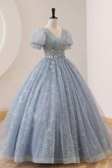 Blue Tulle Long A-Line Prom Dress Outfits For Girls, V-Neck Short Sleeve Evening Dress