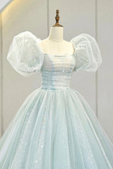 Blue Tulle Long A-Line Prom Dress Outfits For Women with Sequins, Lovely Puff Sleeve Evening Gown