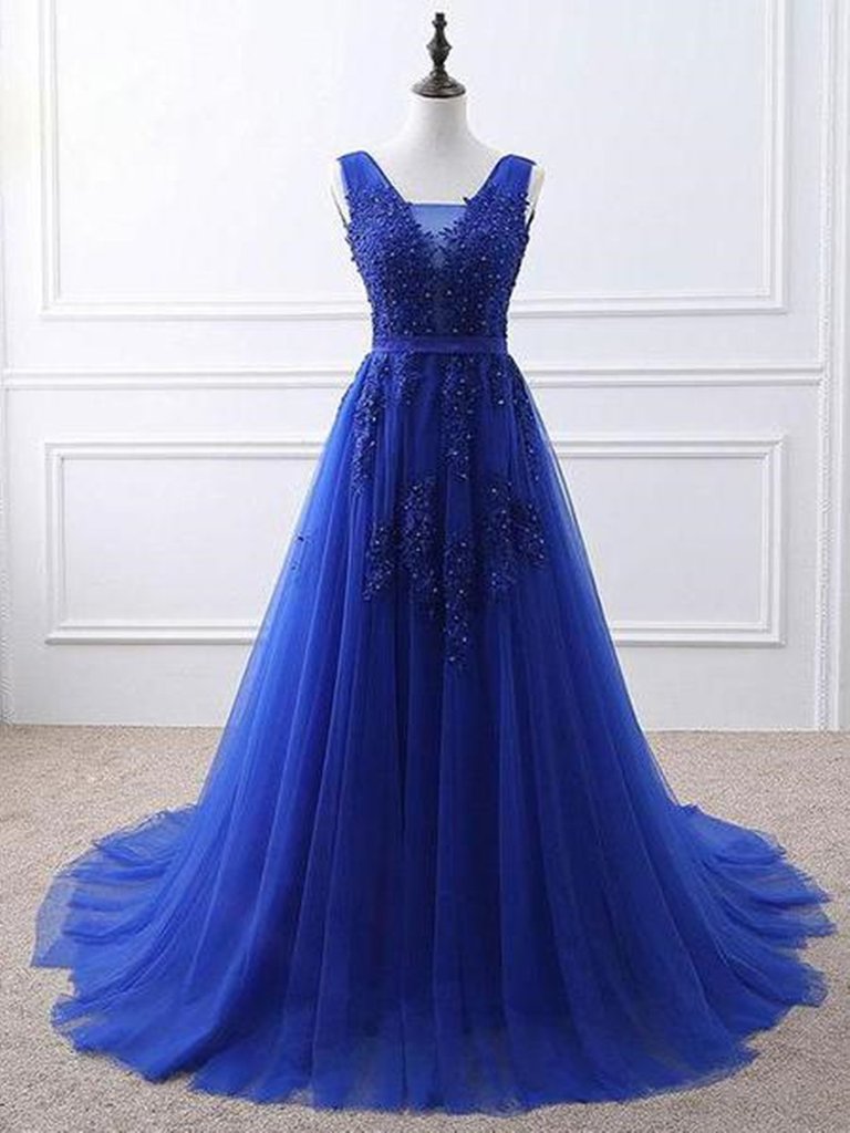 Blue Tulle Long Prom Dress Outfits For Women , Blue Formal Gown