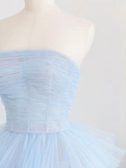 Blue Tulle Long Prom Dress Outfits For Girls, Blue Tulle Ball Gown Evening Dresses