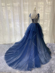 Blue Tulle Long Prom Dress Outfits For Girls, Blue Tulle Long Evening Dress