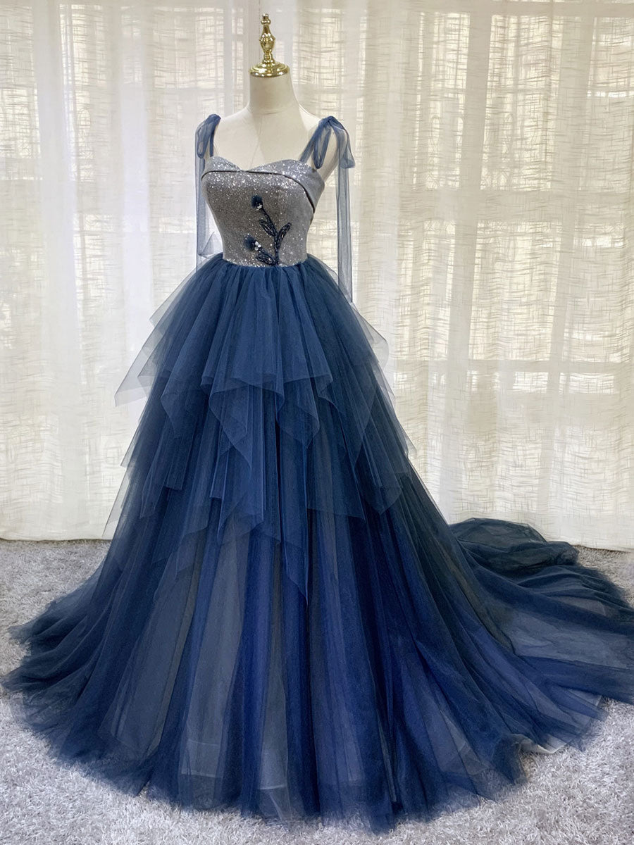 Blue Tulle Long Prom Dress Outfits For Girls, Blue Tulle Long Evening Dress