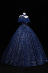 Blue Tulle Long Prom Dress Outfits For Women with Sequins, A-Line Blue Formal Dress