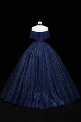 Blue Tulle Long Prom Dress Outfits For Women with Sequins, A-Line Blue Formal Dress