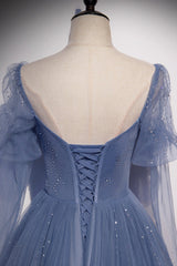 Blue Tulle Long Sleeve Prom Dress Outfits For Girls, A-Line Blue Evening Party Dress