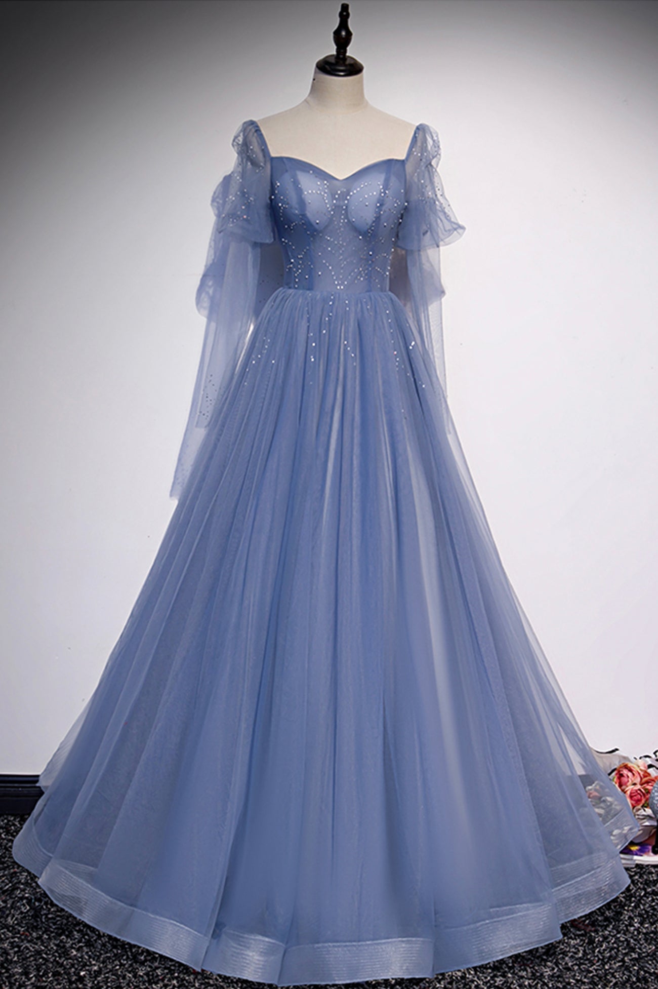 Blue Tulle Long Sleeve Prom Dress Outfits For Girls, A-Line Blue Evening Party Dress