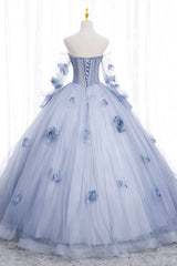 Blue Tulle Long Sleeves Formal Dress Outfits For Women with Flowers, Blue A-Line Prom Dress