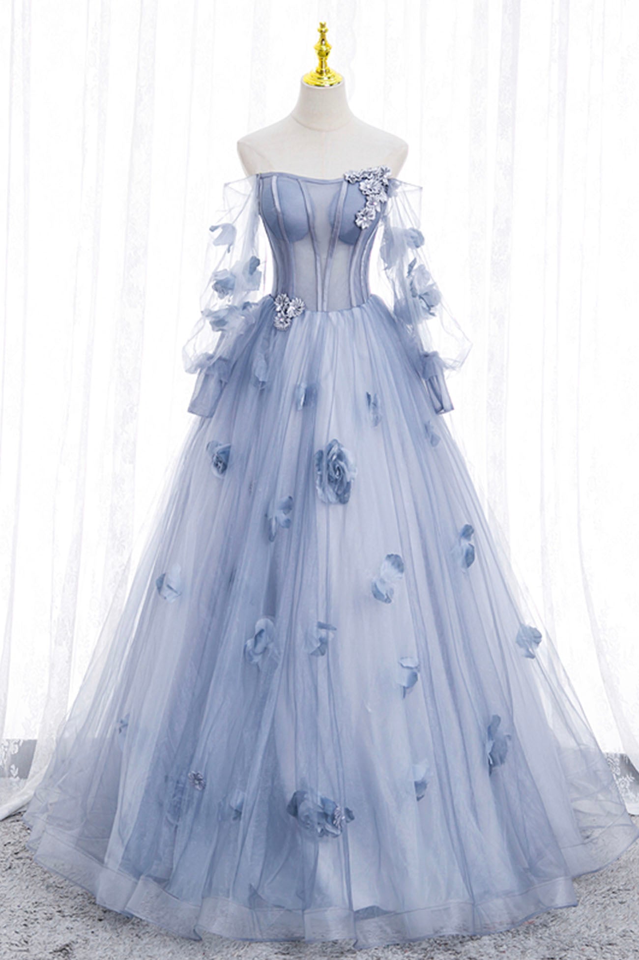 Blue Tulle Long Sleeves Formal Dress Outfits For Women with Flowers, Blue A-Line Prom Dress