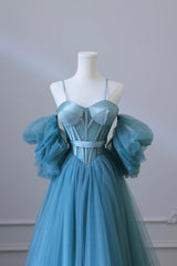 Blue Tulle Long Spaghetti Strap Prom Dress Outfits For Women and Corset, Detachable off Shoulder Party Dress