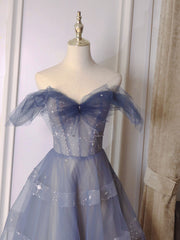 Blue Tulle Off Shoulder Long Prom Dress Outfits For Girls, Blue A line Evening Dress