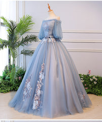 Blue Tulle Off Shoulder with Lace Floral Long Party Dress Outfits For Girls, Cute Party Dress Outfits For Women Prom Dress