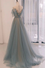 Blue Tulle Sequins Long Prom Dress Outfits For Girls, A-Line Scoop Neckline Party Dress