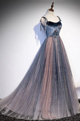 Blue Tulle Spaghetti Strap Long Prom Dress Outfits For Girls, A-Line Lace-Up Evening Dress