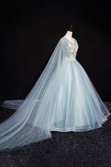Blue V-Neck Lace Long Prom Dress Outfits For Girls, Blue A-Line Formal Evening Dress