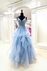 Blue V-Neck Lace Long Prom Dress Outfits For Girls, Blue Tulle Layers Formal Evening Dress