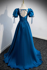Blue V-Neck Satin Long Prom Dress Outfits For Girls, A-Line Short Sleeve Evening Dress