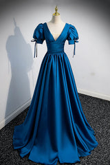 Blue V-Neck Satin Long Prom Dress Outfits For Girls, A-Line Short Sleeve Evening Dress