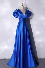 Blue V-Neck Satin Long Prom Dress Outfits For Girls, Simple Blue Evening Party Dress