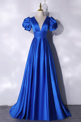 Blue V-Neck Satin Long Prom Dress Outfits For Girls, Simple Blue Evening Party Dress