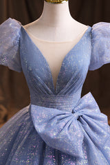 Blue V-Neck Shiny Tulle Long Prom Dress Outfits For Girls, A-Line Short Sleeve Formal Dress