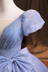 Blue V-Neck Shiny Tulle Long Prom Dress Outfits For Girls, A-Line Short Sleeve Formal Dress