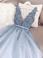 Blue v neck tulle beads long prom Dress Outfits For Girls, evening dress