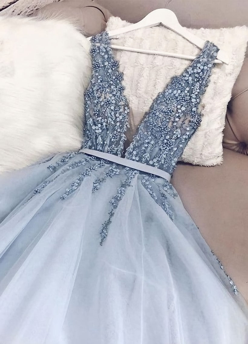 Blue v neck tulle beads long prom Dress Outfits For Girls, evening dress
