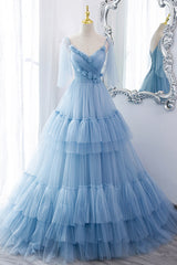 Blue V-Neck Tulle Long Prom Dress Outfits For Girls, A-Line Evening Party Dress