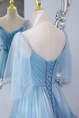 Blue V-Neck Tulle Long Prom Dress Outfits For Girls, A-Line Evening Party Dress