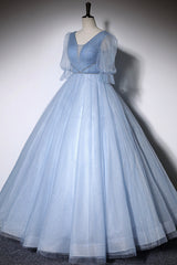 Blue V-Neck Tulle Long Prom Dress Outfits For Girls, A-Line Formal Evening Dress