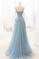 Blue V-Neck Tulle Long Prom Dress Outfits For Girls, A-Line Spaghetti Strap Evening Dress