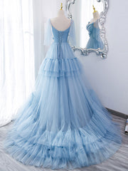 Blue v neck tulle long prom Dress Outfits For Girls, blue tulle formal dress