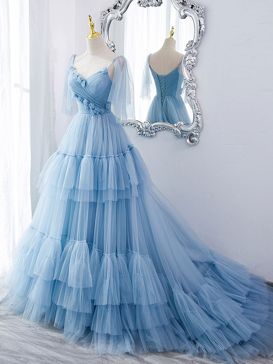 Blue v neck tulle long prom Dress Outfits For Girls, blue tulle formal dress