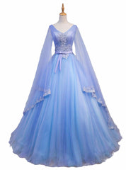 Blue V-neckline Prom Dress Outfits For Women with Long Sleeves, Lace Applique Party Dress Outfits For Women For Teen