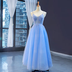 Blue V-neckline Tulle Beaded Long Straps Beaded Dress Outfits For Girls, Blue Fashionable Formal Dress Outfits For Women Prom Dress