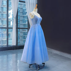Blue V-neckline Tulle Beaded Long Straps Beaded Dress Outfits For Girls, Blue Fashionable Formal Dress Outfits For Women Prom Dress