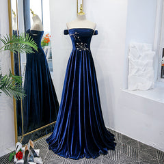Blue Velvet Beaded Elegant Off Shoulder Evening Dress Outfits For Girls, Blue Long Prom Dress Outfits For Women Party Dress