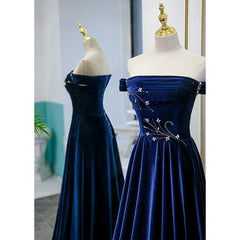 Blue Velvet Beaded Elegant Off Shoulder Evening Dress Outfits For Girls, Blue Long Prom Dress Outfits For Women Party Dress