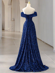 Blue Velvet Sequin Long Prom Dress Outfits For Girls, Blue Formal Dress