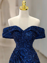 Blue Velvet Sequin Long Prom Dress Outfits For Girls, Blue Formal Dress