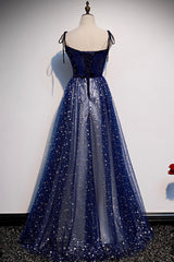 Blue Velvet Tulle Long A-Line Prom Dress Outfits For Girls, Blue Spaghetti Straps Evening Dress