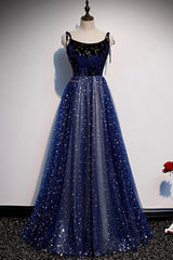Blue Velvet Tulle Long A-Line Prom Dress Outfits For Girls, Blue Spaghetti Straps Evening Dress