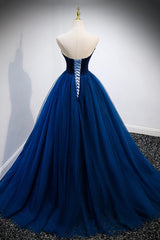 Blue Velvet Tulle Long A-Line Prom Dress Outfits For Girls, Blue Strapless Formal Evening Dress