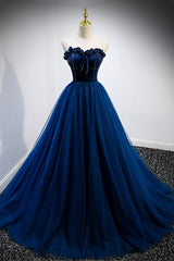 Blue Velvet Tulle Long A-Line Prom Dress Outfits For Girls, Blue Strapless Formal Evening Dress